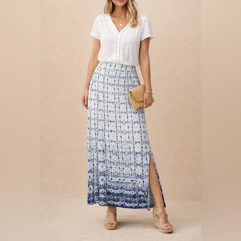 a.n.a A New Approach Size L Easter Spring Maxi Skirt Boho Blue Tie Dye Slit